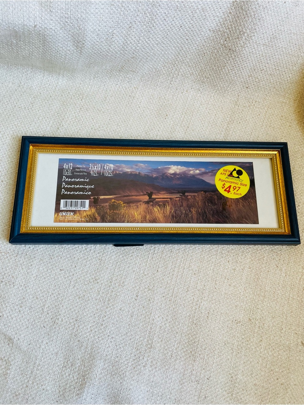 Vintage Wood Navy Blue Gold Panoramic Photo Frame New 4x12" NOS